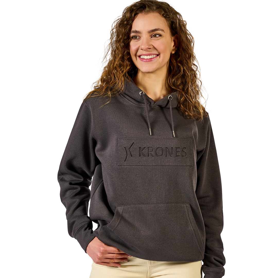 Grey Krones hoodie with embossed logo on the front