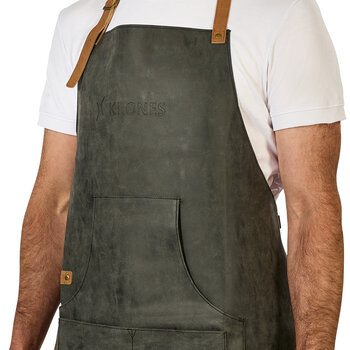 Dark blue Krones BBQ apron with logo, front view